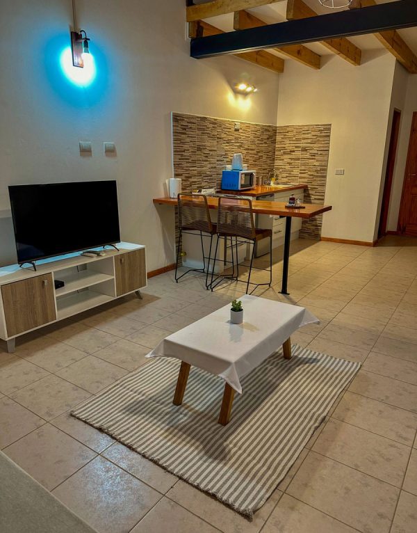 Living y cocina de uno de nuestros departamentos para alquiler temporario en Esquel
